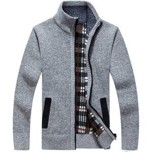 Men's Grey Casual Slim Full Zip Knitted Polyester Cardigan Sweater with Pocked